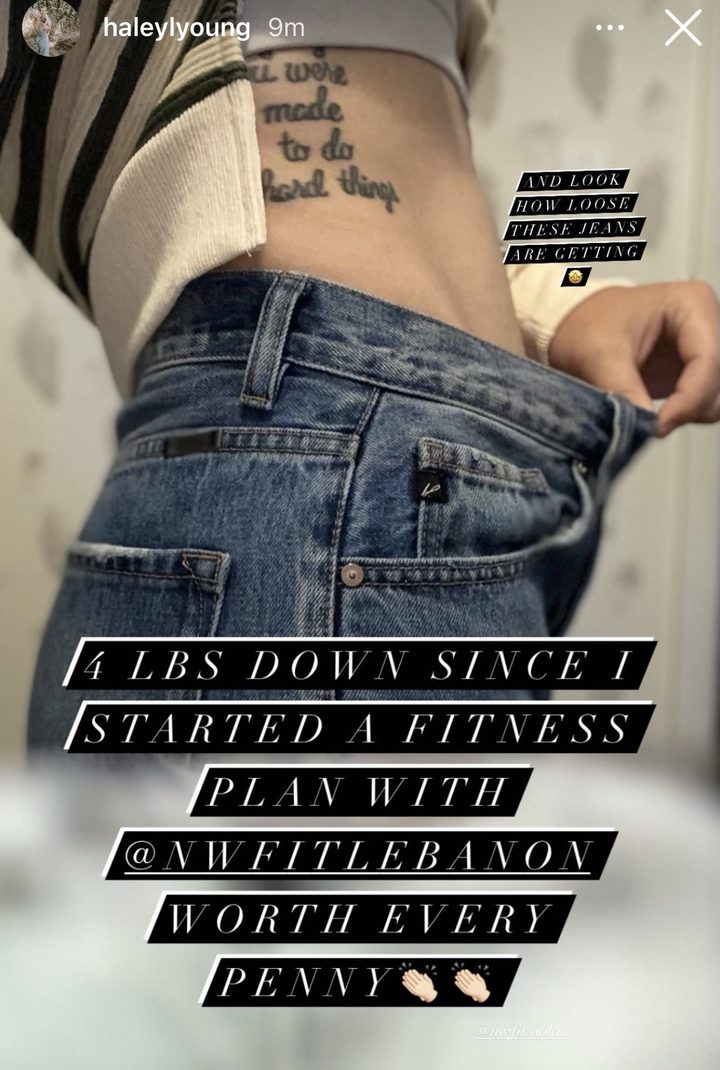 Instagram story from Haley Young: 4 lbs down since I started a fitness plan with NW Fit Lebanon. Worth every penny. And look how loose these jeans are getting.
